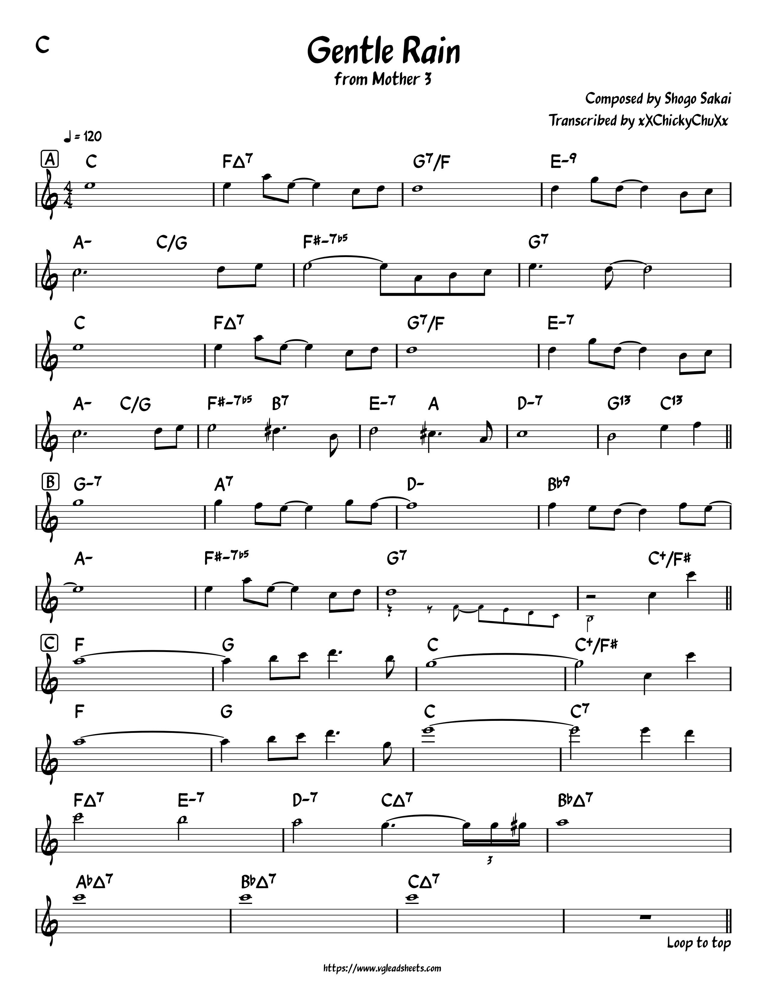 Mother 3 - Gentle Rain | VGLeadSheets.com - Lead Sheets for Video Game Music