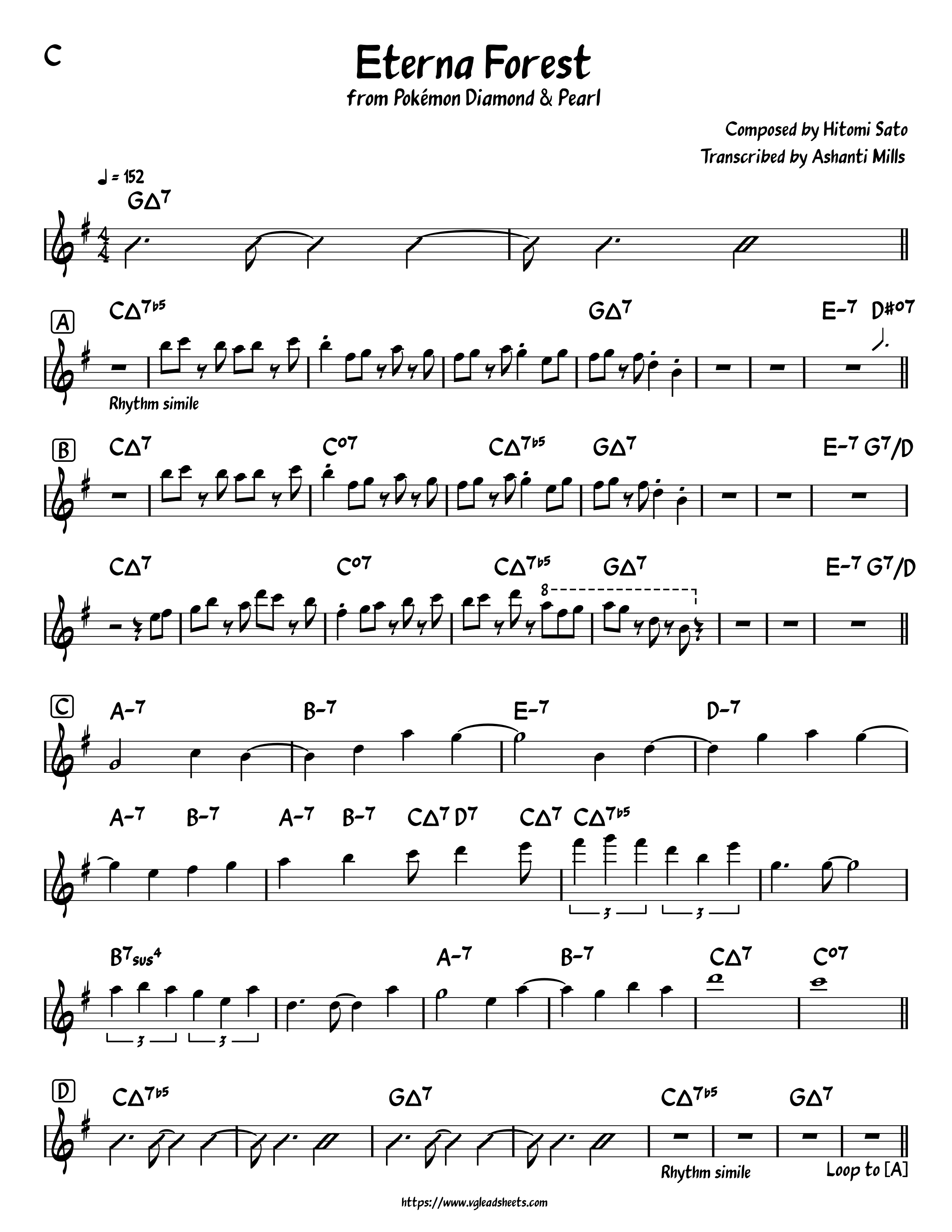 Pokemon Diamond Pearl Eterna Forest Vgleadsheets Com Lead Sheets For Video Game Music