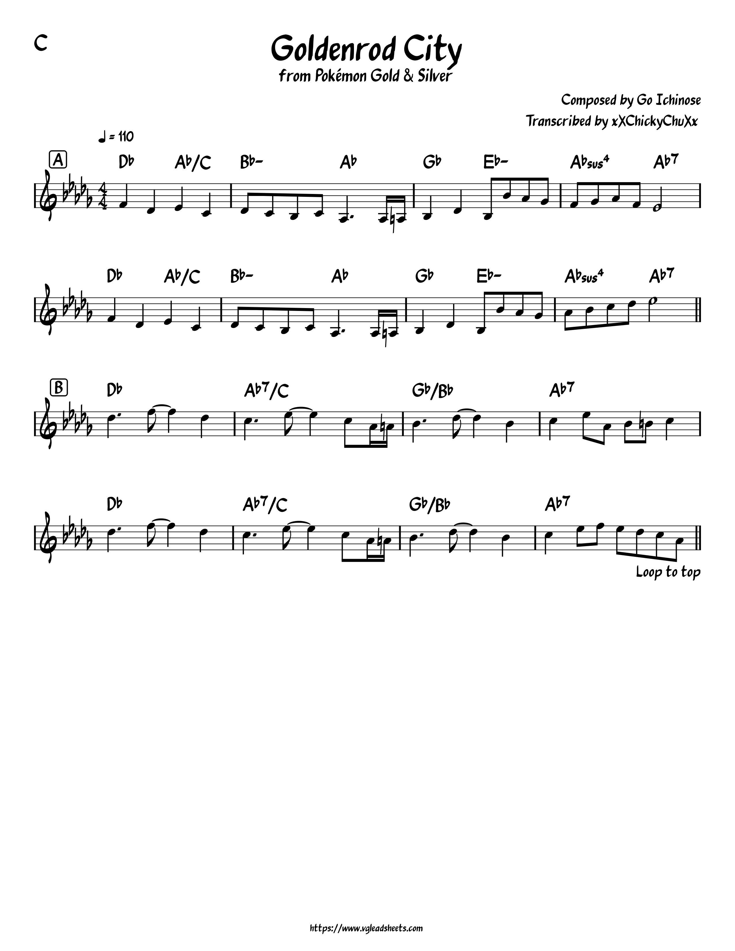 Pokmon Gold & Silver - Goldenrod City | VGLeadSheets.com - Lead Sheets for  Video Game Music