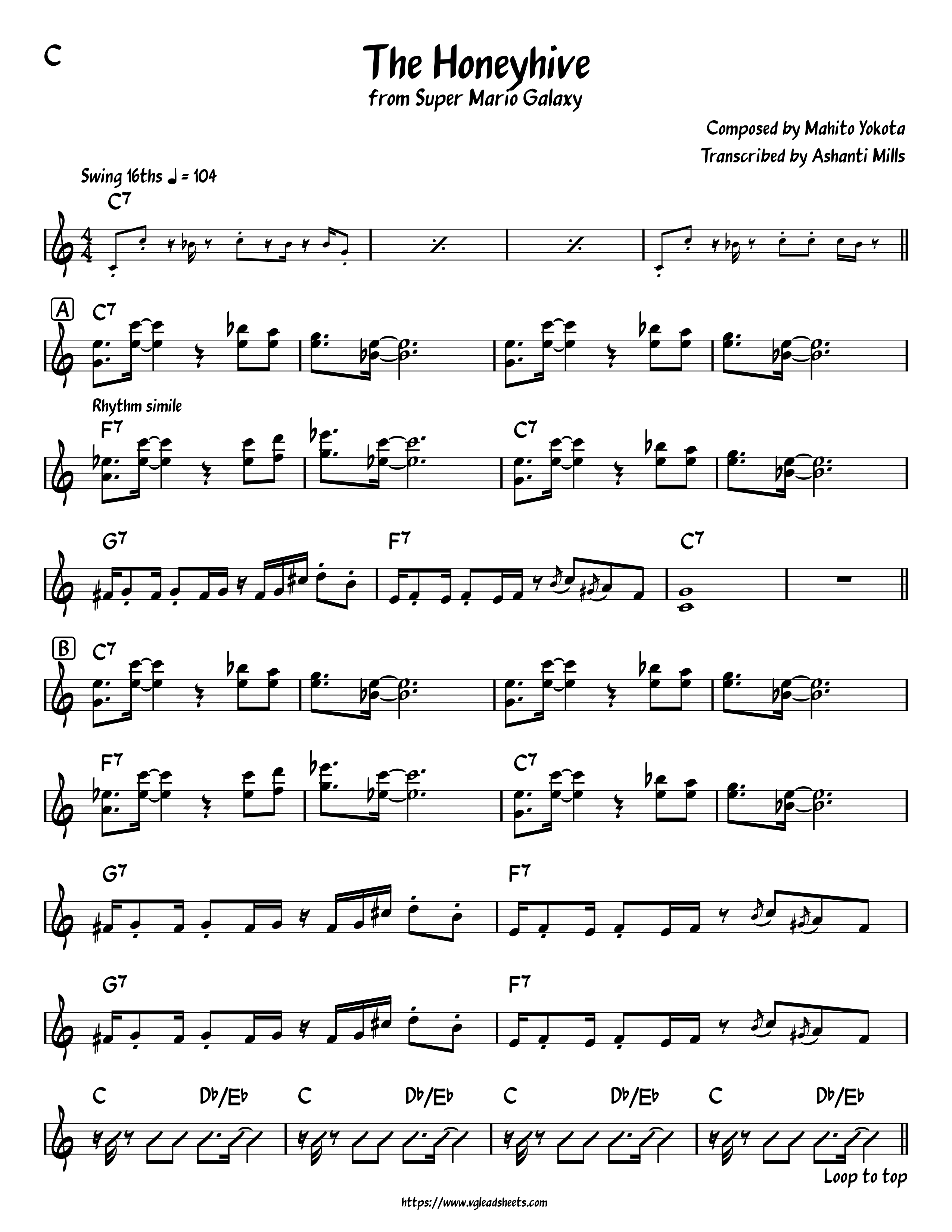 Super Mario Galaxy The Honeyhive Vgleadsheets Com Lead Sheets For Video Game Music