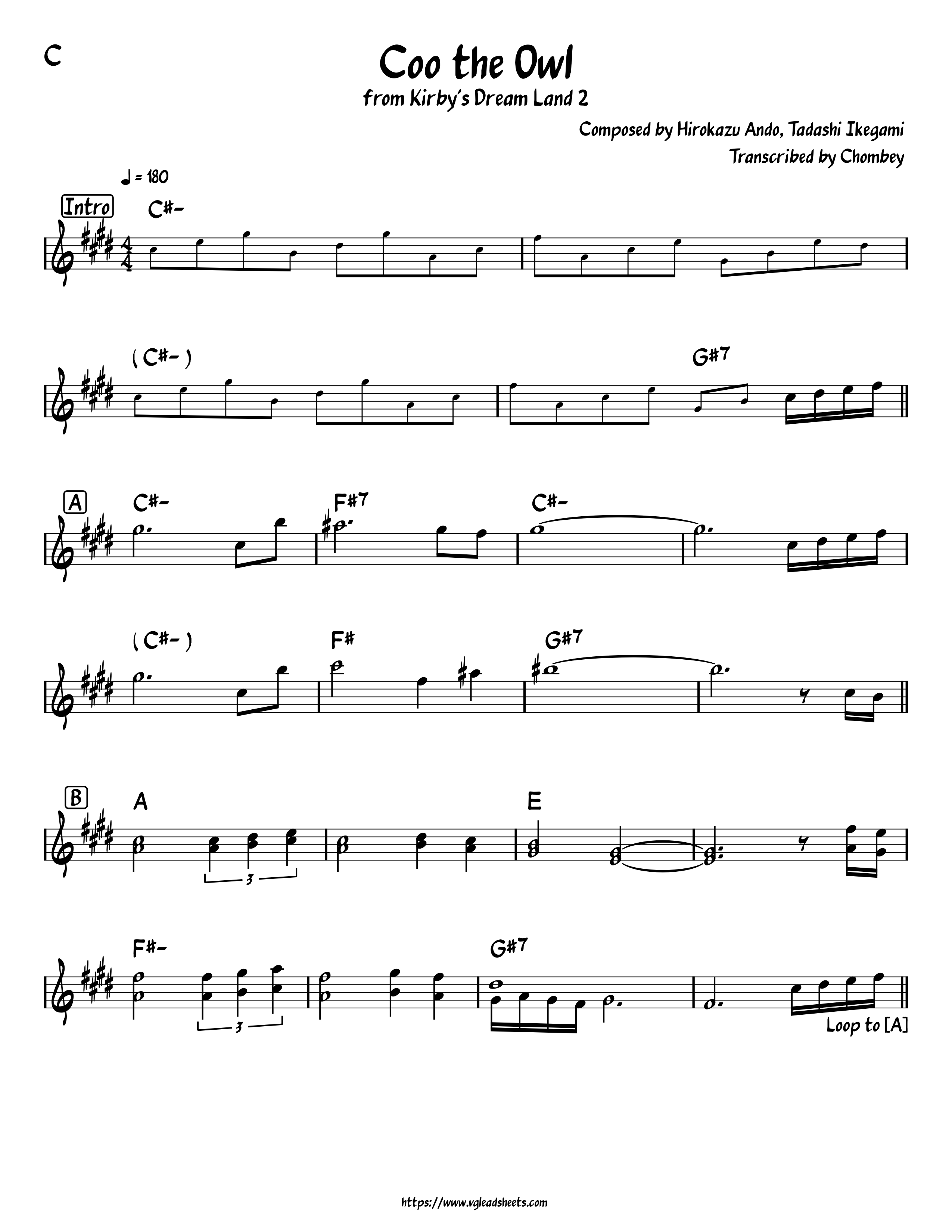 Kirby's Dream Land 2 - Coo the Owl  - Lead Sheets for  Video Game Music