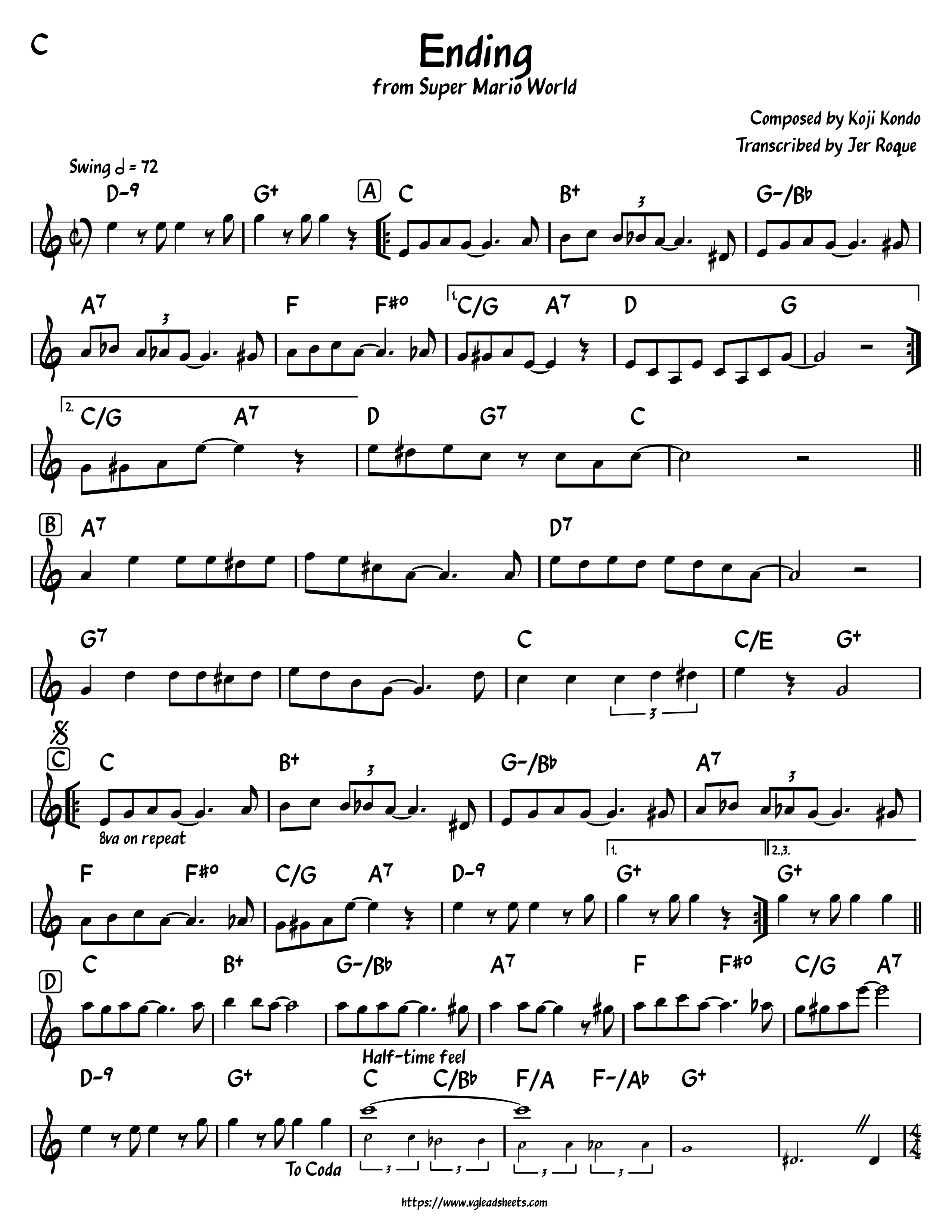 Super Mario World Ending Vgleadsheets Com Lead Sheets For Video Game Music